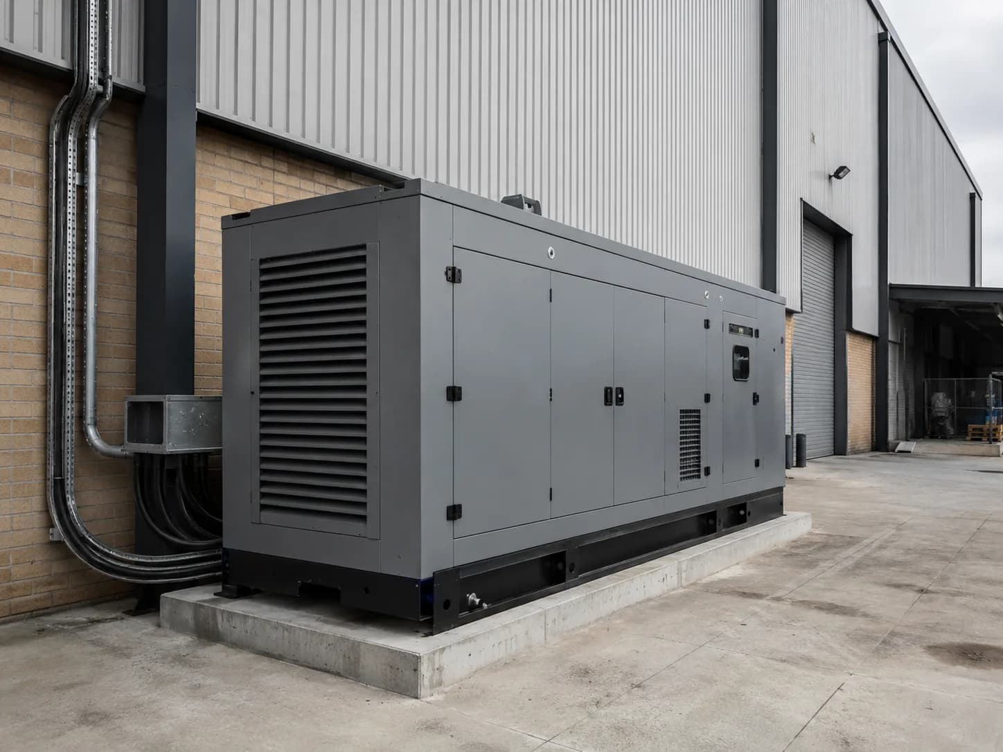 Backup generator installed beside a modern industrial warehouse