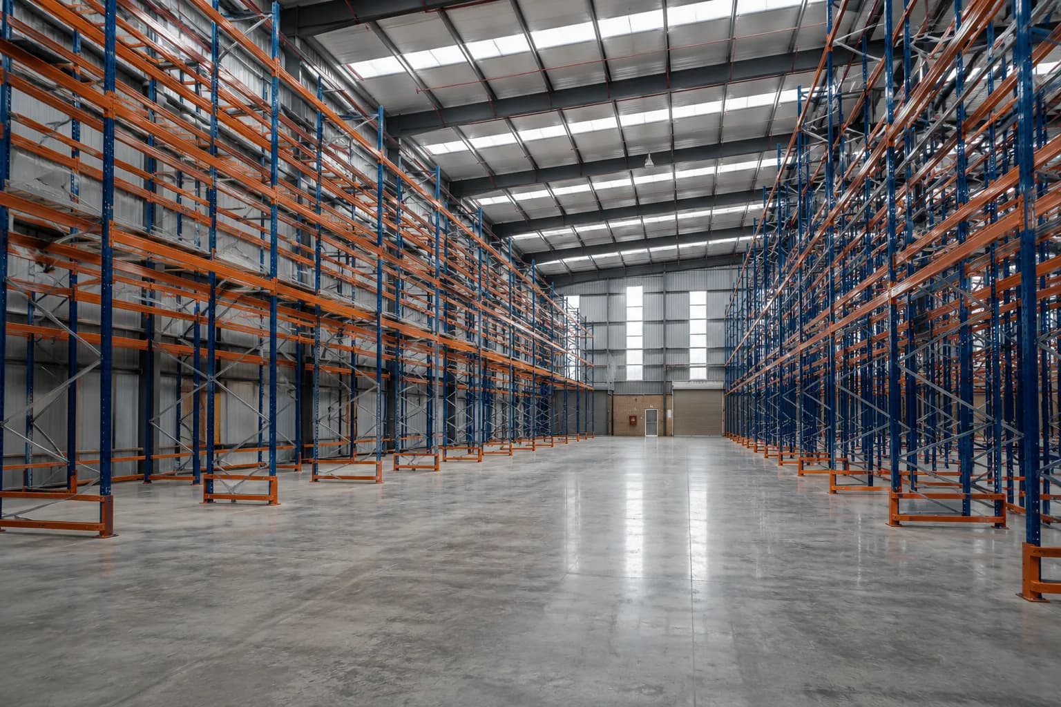 High-eaves warehouse interior fitted with tall pallet racking and clear aisles