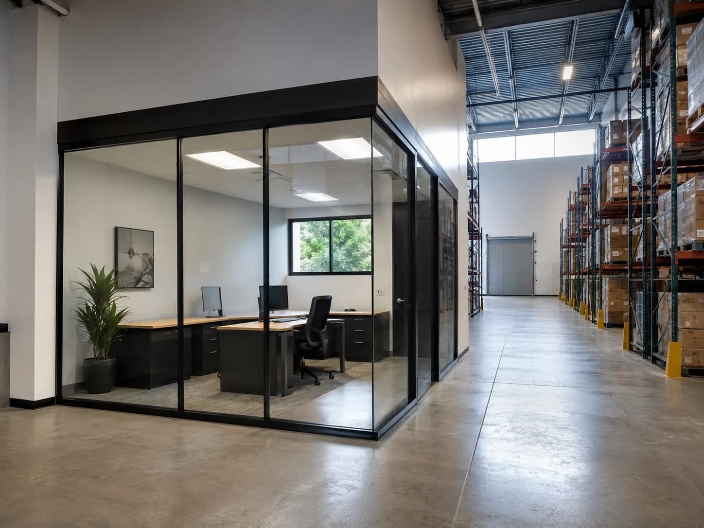 Glass-fronted offices integrated with a high-volume warehouse and pallet racking