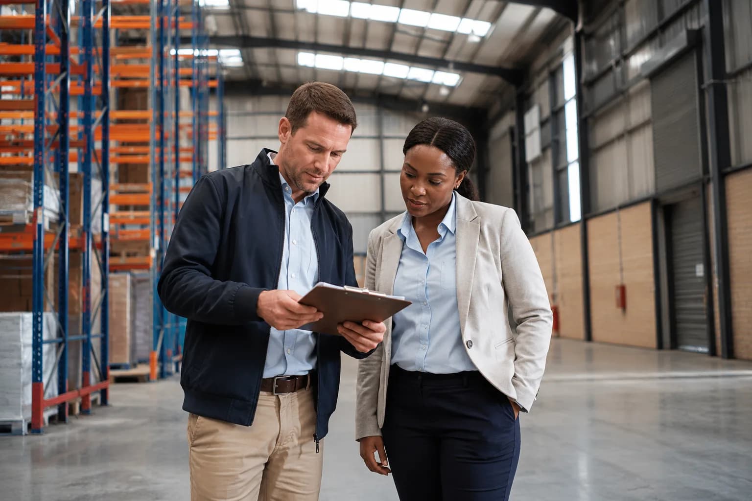 Leasing and operations professionals inspecting a warehouse facility